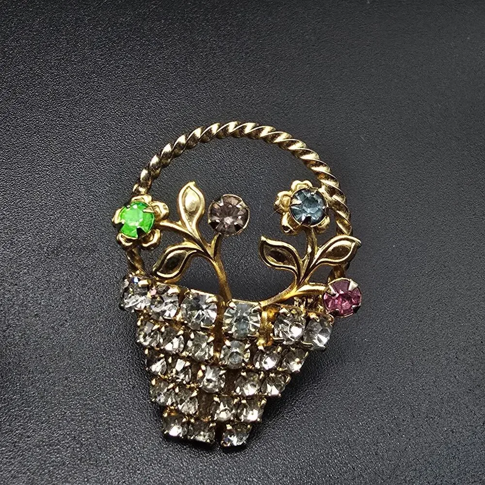 Rhinestone Flower Basket Brooch UV Glow Vintage Costume Jewelry